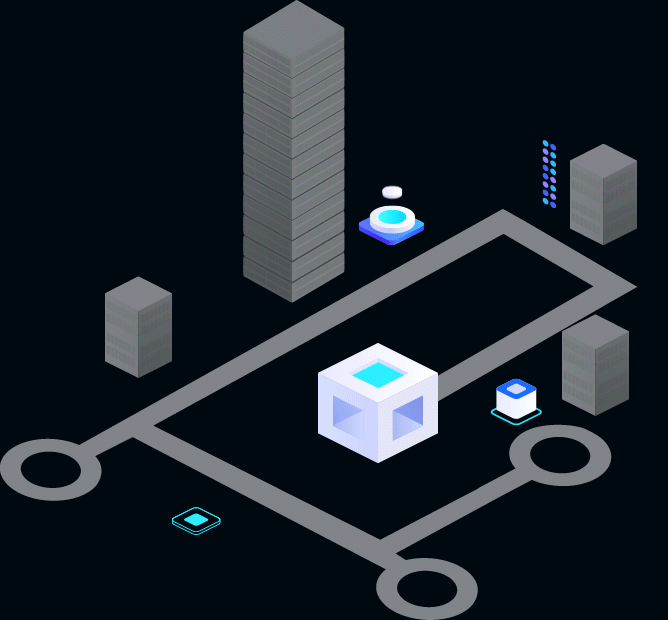 A light blue cube moves in and out of a larger white cube on a circuit board